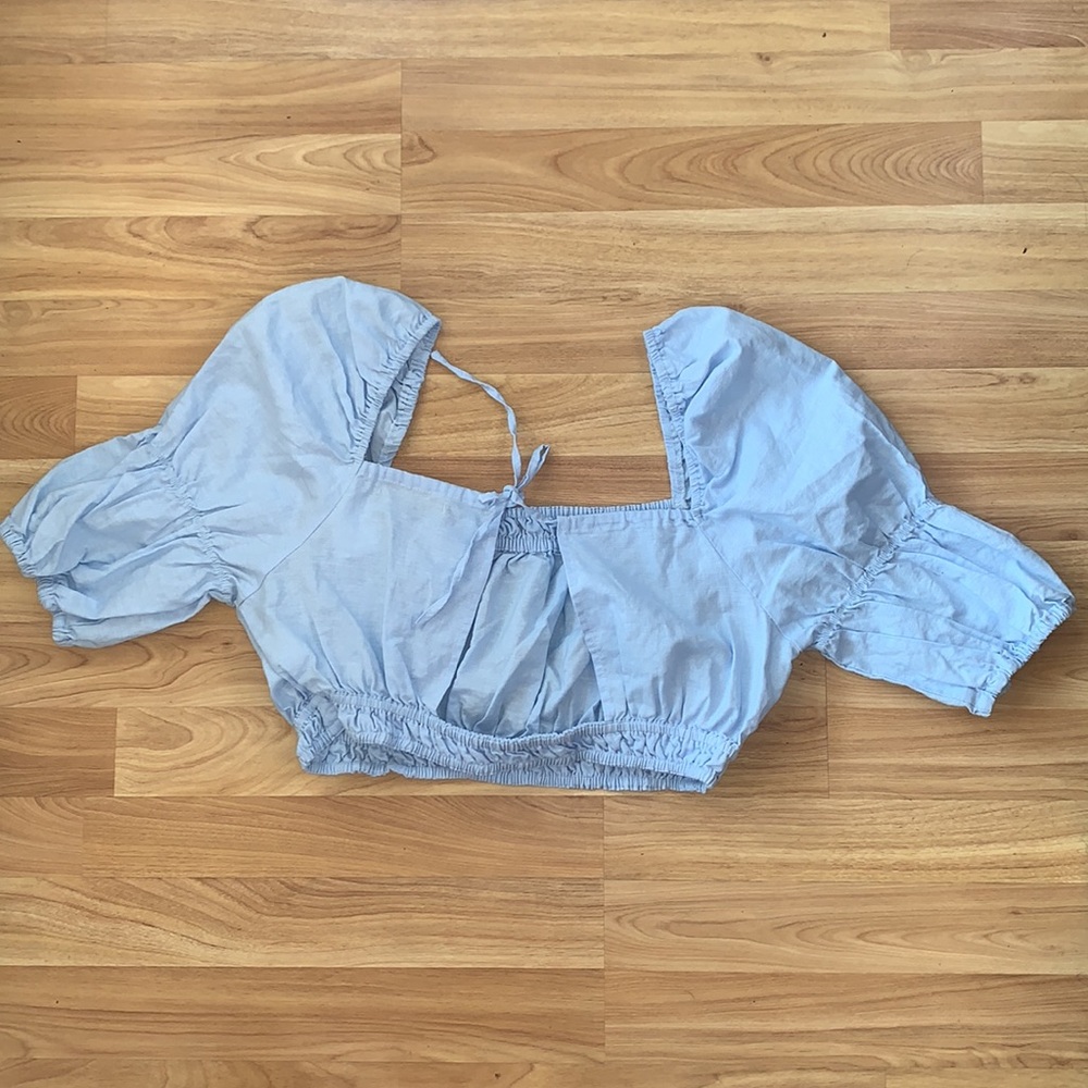 Deluc Cropped Blue Linen Blend Top Size M - Picture 4 of 5